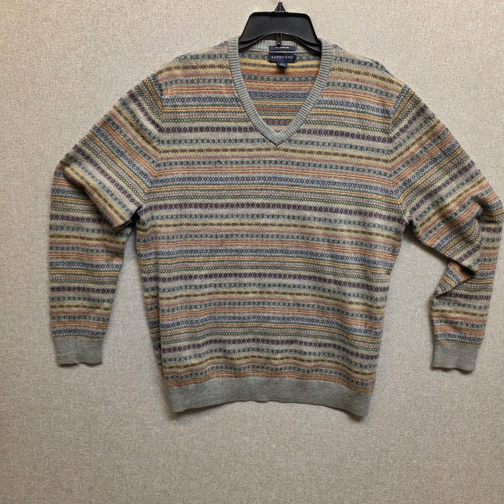 Lands' End Mens XL Gray Merino Wool Fair Isle V Neck Sweater Preppy Heritage